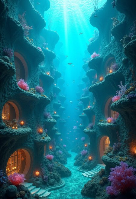 A sprawling underwater city illuminated by bioluminescent plants and marine animals. The buildings are made of coral and glass, with intricate designs resembling seashells and marine life. Various aquatic creatures swim around, and the streets are filled with merfolk and other underwater inhabitants. The water is crystal clear, and shafts of sunlight penetrate from the surface, creating a magical glow.
