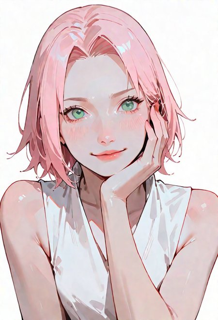 1girl,haruno_sakura,naruto_(series),"haruno sakura, naruto \(series\)","1girl, green eyes, pink hair, short hair. beautiful, detailed eyes, \(hairstyle\), young, blue eyes, white top, muted colors, {{beautiful detailed face}}, semi-realistic, {{aesthetic}}, {{{best quality}}}, stunning, perfect body, soft features, looking at viewer, {playful|smirking} \(expression\), upper body, leaning, hand on face