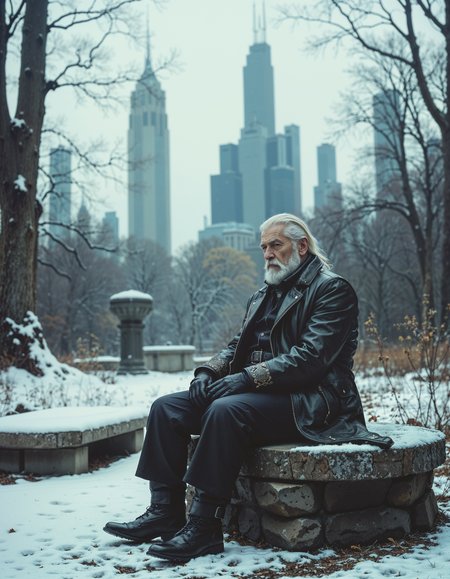 Cinematic scene of a dystopian cityscape with skyscrapers, industrial vibes, cloudy sky,  snow on the ground, old man sitting on a bench in the park, wearing extravagant leather jacket,  black pants, white beard, winter, dead trees, 

luxurious and art deco while yet dystopian. 



<lora:80s_Fantasy_Movie:1> ArsMovieStill, 80s Fantasy Movie Still