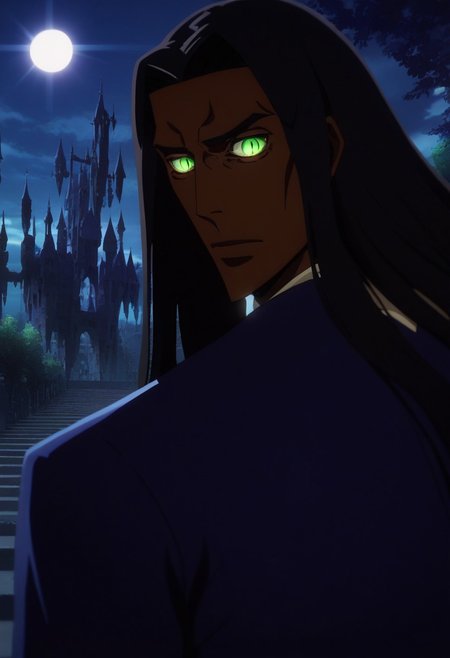 score_9, score_8_up, score_7_up, score_6_up, score_5_up, score_4_up, castlevania_(netflix), castlevania style, castl3van1a5tyl3, (olrox), (perfect face, perfect eyes), BREAK, 1male, long black hair, dark-skinned_male, dark skin,, eyelashes, bleach style, (green eyes, glowing eyes, slit_pupils), fancy clothes, castlevania style, light shining, rays of light, night, Outside at night, a walled village in the distance, towers, stone,AddXL, sm_an_stl ,source_anime, anime screencap, anime, animification