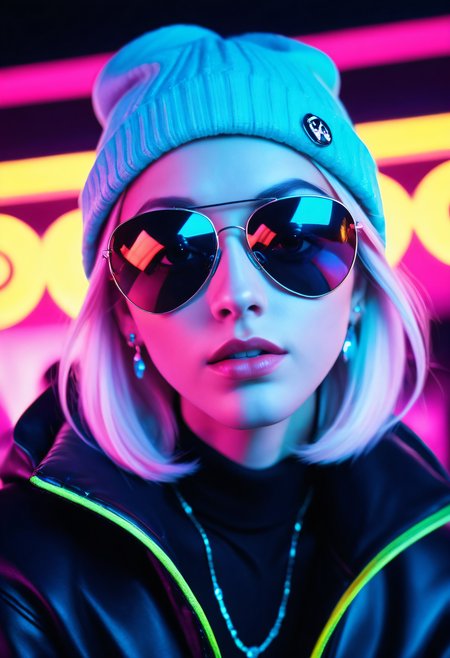 a beautiful photogrpah by David Bellemere,closeup, face focus, <lora:RSWMN-PN:0.8> alternative girl,22yo, watching over black sunglasses, jacket, necklace, neon light reflections on skin, ear ring, makeup, skin imperfection, cute hair, beanie, neon lights background, low light, depth of field, highly detailed, high contrast, film grain, Rim Lighting,