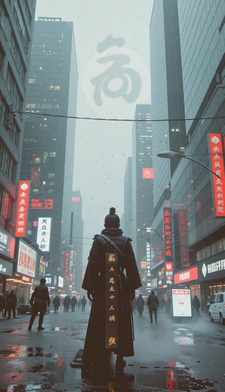 ultra realstic A lone tech-monk samurai, robes fused with smart-fabric and carbon-weave plating. He stands still in the middle of a digital storm, katana sheathed, as skyscrapers melt into glowing glyphs around him. <lora:Movie_Portrait:0.08> <lora:KB_Kentmere400_FLUX:0.05> <lora:Analog_Photo_Style:0.1> <lora:soaked_brand_pfeffi_KB_FLUX:0.04> <lora:Vintage_Neon_Film:0.15> <lora:Sword_Sakuraå£æ¡(Photographic_style):0.545> <lora:Neon_Punk-Flux:0.9>