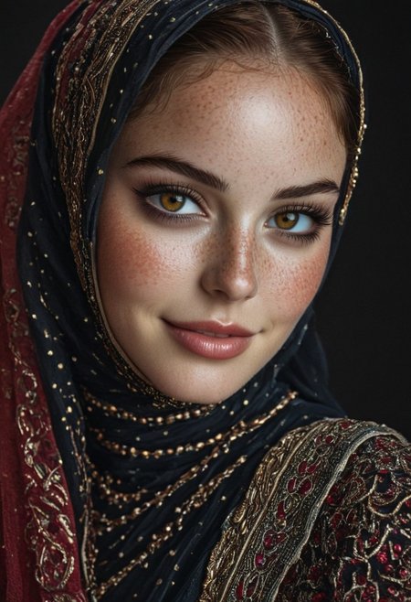 beautiful lady, (sprinkle of freckles), big Genuine smile, ruby eyes, large braid hair, dark makeup, fancy middle eastern dress, hyper-detailed photography, soft light, head and shoulders portrait, cover photo
