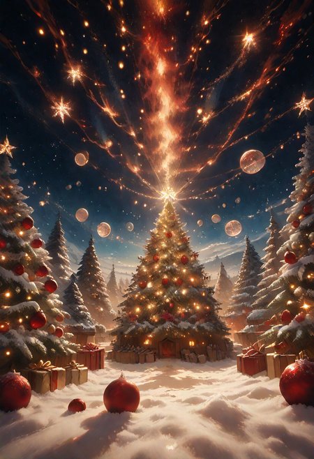 score_9, score_8_up, score_7_up, detailed, detailed shadows, r0b0t_s4nta_c1aus, magicalchristmas, christmas tree, outside, stars, sparkles, bubbles,