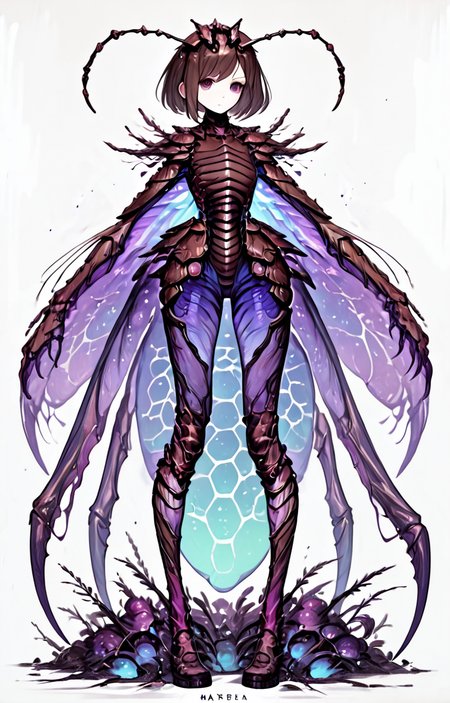 score_9,score_8_up,score_7_up,
monsterworld, masterpiece,high resolution,detail,
, 1girl,solo,  looking at viewer, full body, white background, insect wings, antennae, brown hair, purple and blue colors, insect body, humanoid
, <lora:monster_world-8:0.8>