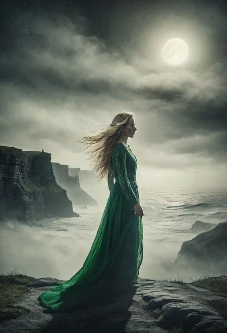 seductive 30 year old woman of Celtic origins with long wavy blonde hair, wearing a traditional long Celtic dress in green and ivory, posing standing on an Irish cliff touched by the wind, hair wavy by the strong wind, upper body, background: Cliffs of Moher, Ireland, night, moon, moonlight, light fog, upper-body,dutch angle