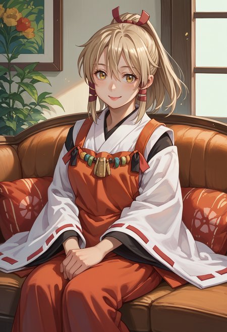 score_9, score_8_up, source_anime, 1girl, solo, Ukanomitama, long hair, high ponytail, hair ribbon, tress ribbon, miko outfit, tribal necklace, ribbon-trimmed sleeves, red apron, indoors, sitting, on sofa, smile, <lora:ChamUkaPonyXL:1>