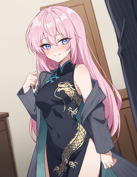 score_9, score_8_up, score_7_up, source_anime, <lora:miyako-shikimori-s1-ponyxl-lora-nochekaiser:1>, miyako shikimori, long hair, blue eyes, hair between eyes, pink hair, medium breasts,, <lora:blue-archive-kisaki-cosplay-ponyxl-lora-nochekaiser:1>, blue archive kisaki cosplay, kisaki (blue archive) (cosplay), dragon print, china dress, print dress, chinese clothes, pinstripe jacket, sleeveless turtleneck dress, cosplay, vertical-striped jacket, pinstripe pattern, pelvic curtain, striped coat, grey coat, black dress, sleeveless dress,, indoors, from side, blush, smile,, cowboy shot, looking at viewer, , dutch angle, cowboy shot
