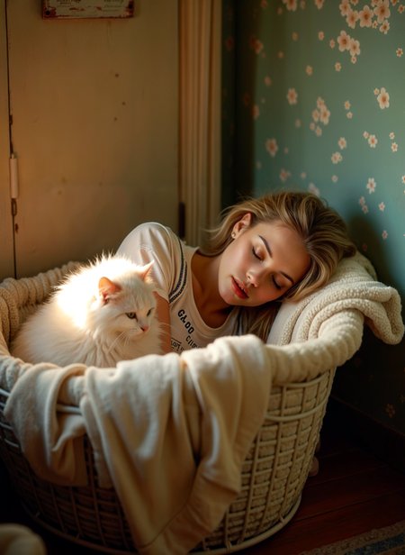 This photograph captures a young woman lying in a white laundry basket with a fluffy white blanket. She is wearing a white tank top and has blonde hair. The woman is resting her head on the basket and is looking down at a white cat that is lying next to her. The cat is orange and white and is snuggled up against the woman's chest. The background shows a window with pink and green floral wallpaper and a door. The overall mood of the image is peaceful and serene. The overall mood of the image is peaceful and serene. <lora:add-detail-xl:.5>  <lora:Flux-style-xl-lora:.5>