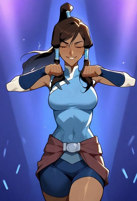 4RCH0N, Jabstyle, Expressiveh, Score_9, score_8_up, score_7_up, score_6_up, dynamic pose, KOrra, ,1 young woman, solo, femenine, blue eyes, brown eyelashes, brown hair, long hair, ponytail, dark skin, dark-skinned female, hair tubes, topknot,, tiny waist, perfect waist to hip ratio, flat stomach, eyesHD, detailed eyes, orgasmic look, smile, female focus, perfect face, perfect anatomy, perfect legs, detailed eyes, high definition eyes, most erotic picture in the world, medium breasts, firm breasts, (intricate detailing:1.6 faces & eyes & ears & nose & lips & skin & curves & shapes & body parts & anatomy),(wearing: bodysuit, red gloves, belt,knee boots), sexy, (seductive-pose:1.4), <lora:shikairo-days-dance-illustriousxl-lora-nochekaiser:1>, shikairo days dance, shikairo days dance (meme), dancing, meme, closed eyes, clenched hands, glowsticks, smile, cowboy shot, blank background, seductive, innocent, sharp, rating_explicit