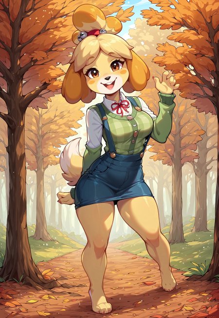 masterpiece, score_9_up, score_8_up, score_7_up, score_6_up, source_furry, (best quality:1.1), ultra-detailed, high resolution, solo, highly detailed macro illustration, solo, isabelle \(animal crossing\), small body, (beautiful detailed eyes), (cute expression, happy face:1.1), green sweater, pants BREAK chestnuts, looking at viewer BREAK outside, autumn, autumn trees, warm sunlight, Highly Visible, (8k), sharp focus, perfect lighting, anatomically correct, extremely detailed, high detail, Expressiveh, detailed background, OverallDetail, zPDXL3