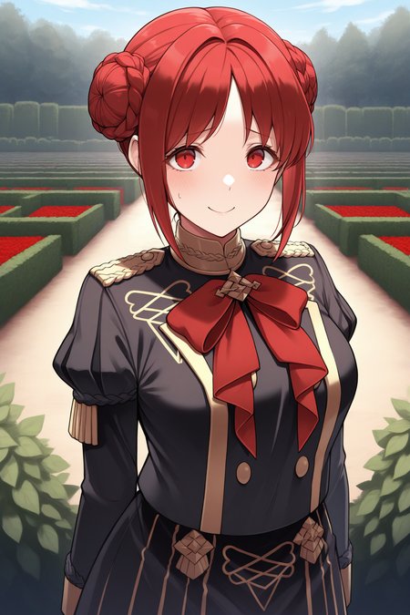 masterpiece, best quality, 1girl, solo,  <lora:femonica-illu-nvwls-v1-000006:1> basemc, red hair, short hair, double bun, braided bun, red eyes, red bow, epaulettes, black jacket, juliet sleeves, black skirt, upper body, looking at viewer, smile, hedges, garden, battlefield, blue sky, nervous, medium breasts