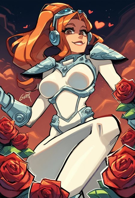 Gerph_style,
score_9,score_8_up,score_7_up, anime_style, source_anime,young woman, 20 years old, cute, eyeliner, eyeshadows, shiny big brown eyes, long hair, modest smile, seducing viewer, hearts, posing, sexy pose, solo, (white royal dress over body suit,royalty dress over vody suit), roses, from below, air of superiority, golden tiara, flowers, plants, ,long hair, srahkrrign, ponytail, breastplate, shoulder armor, bodysuit, goggles on head, headphones, gloves, skin tight, bracer, boots