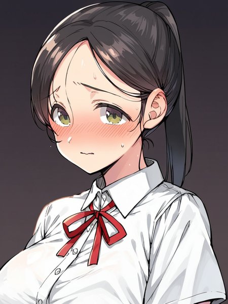 score_9, score_8_up, score_7_up, 
1girl, Yoshizawa akane, black hair, ponytail, huge breasts, green eyes, forehead, 

black background, upper body, white shirt, short sleeves, neck ribbon, school uniform, blush, nervous, looking at viewer,