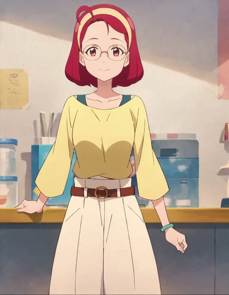 score_9, score_8_up, score_7_up, anime screencap, solo,1girl,hoshinaterumi, glasses, hairband, smile, belt,  looking at viewer, skirt, jewelry, long skirt, bracelet, shirt, short hair, yellow shirt,  collarbone, long sleeves,cowboy shot,medium breasts, <lora:hoshinaterumi:0.8>