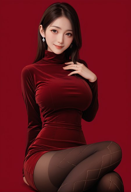 1girl,red background,,ruanyi0965,red dress,short dress,black pantyhose,argyle legwear,turtleneck,<lora:0965 Home wear 12_v1_pony:1>, score_9, score_8_up, score_7_up, score_6_up, score_9, score_8_up, score_7_up, score_6_up source_anime, blush, 1girl, seduce smile, perfect body , natural huge breasts