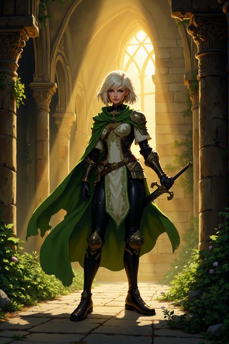 <lora:FANCHA_v.4:0.5> Fancha style.  This is a vibrant, highly detailed digital illustration in a fantasy art style. The central figure is a confident, armored woman standing in a grand, ancient stone courtyard bathed in warm, golden light from a large, arched window behind her. The setting appears to be an ancient, Gothic-style castle or cathedral, with tall, intricately carved stone columns on either side, and lush green foliage and flowers growing around the base of the walls. The woman, likely a warrior, has short, platinum blonde hair styled in a bob, with a fierce expression. She wears a detailed, ornate suit of armor: a green and gold breastplate with intricate patterns, white long-sleeved tunic, and black leather pants. Over her armor, she wears a flowing green cape with golden trim, secured by a clasp at her neck. Her gloves are black and gauntleted, and she wields a sword with a silver blade in her right hand, held at her side. Her armor is adorned with golden accents and her boots are black and sturdy. The background features a dramatic, ethereal glow, suggesting either dawn or dusk, casting a warm, golden light on the scene.