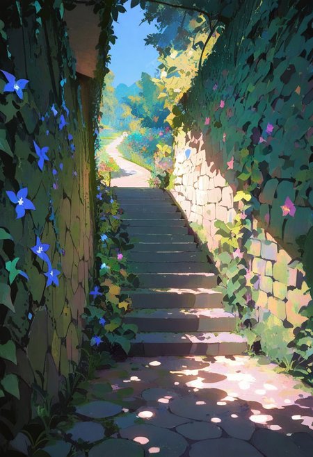 masterpiece, best quality, absurdres, outdoors, bright blue sky, sunlight, scenery, nature, stairs, road, shade, dappled sunlight,
secret side path, ivy covering old wall, flowers growing out of stone, 
straight on, <lora:ponyv6_noobE11_2_adamW-000017:0.7> <lora:mengxuanliart:0.8>