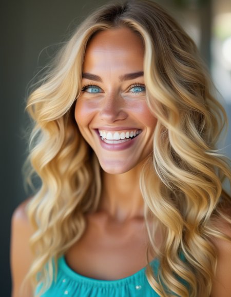 A striking portrait of a woman with long, wavy golden blonde hair, her blue-green eyes filled with joy, and her bright, open smile lighting up her face. <lora:usual-portrait-v2:1>