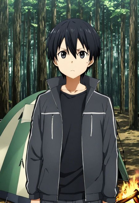 high resolution, solo, best quality, 1Boy, Kazuto Kirigaya, Black Hair, Black Eyes, forest, camping, OverallDetail