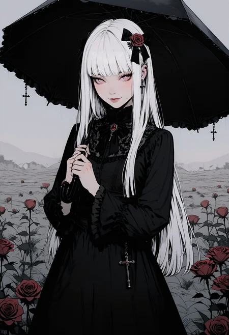 adult,
1woman,
masterpiece, newest,absurdres,incredibly absurdres, best quality, amazing quality, very aesthetic,
original,black bow,black dress,black umbrella,blunt bangs,blush,bow,bright pupils,closed mouth,cowboy shot,cross,cross earrings,dress,dress bow,earrings,flower,frilled sleeves,frills,grey background,hair bow,hair flower,hair ornament,hands up,holding,holding umbrella,jewelry,long hair,long sleeves,looking at viewer,pink eyes,red brooch,red flower,red rose,rose,sidelighting,simple background,smile,solo,straight hair,tsurime,umbrella,under umbrella,very long hair,white hair,wide sleeves,white pupil,frilled dreft, outdoors, flower field, peonies \(flower\), 
 <lora:GTHAN2:0.8> <lora:DRKWB:0.3> DRKWB <lora:Sinozick_style:0.4> Sinozick_illu,gradient,spot color