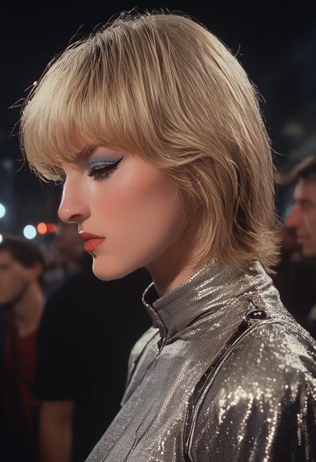 score_9, score_8_up, score_7_up, ar3na1989 detailed, cinematic, profile, side view, focus, bokeh, (portrait), face focused, bignoselady, large nose, aquiline, ((bangs)), (milf, mature), 1girl, mid shot, silver jumpsuit, makeup, eyeliner, eyeshadow, futuristic, blonde hair, bobbed hair, ultra detailed, 8k, skin pores, grain, photograph, retro, 1990s fashion, analog, film, nineties, outside, nighttime, cityscape, (sci-fi aesthetic), ArsMovieStill, movie still from a 60s psychedelic movie