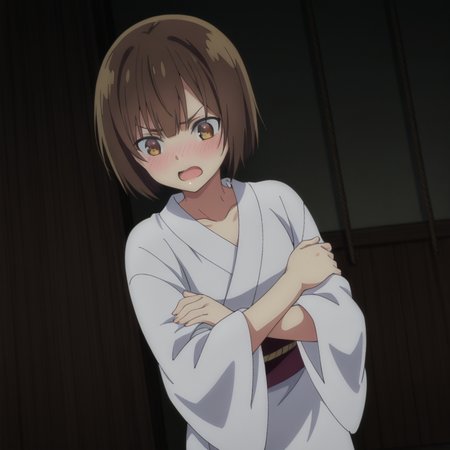 nsfw, masterpiece, best quality, 1girl, solo, seirei_gensouki_ruri, standing, japanese clothes, white kimono, kimono, blush, brown hair, open mouth, short hair, rope, brown eyes,bangs, collarbone, crossed arms, indoors, <lora:Ruri_-_Seirei_Gensouki:0.7>