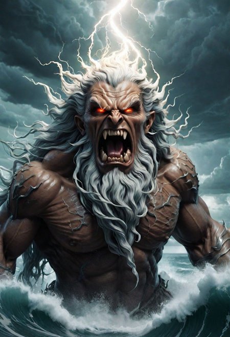 wizard, very detailed wizard, The beasts looks very angry and ready to cause chaos, DEVIL SPAWN. (distance image), in battle with many other wizards, gods looking from clouds, lightening strikes, Rising out from from the ocean, waves ripping across the ocean,