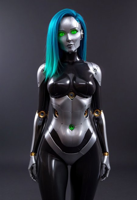 solo, A 35mm photo of  a beautiful 20 year old woman, she is a humanoid robot , robotic body, emerald green robotic eyes, freckles, smooth featureless silver grey robotic skin, robotic aerials, metallic dark blue hair, elegant black latex bodysuit with white trim, small pregnant tummy
TheFaceLess
