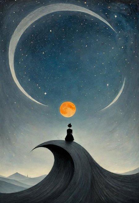 Neo Surrealism, overwhelmed by reason, by Gabriel Pacheco and Max Ernst, existential residues dark shines surrealism, deep blue, gray and orange color scheme, fantasy Victorian art, magical realism bizarre art, pop surrealism, like Alice in wonderland, whimsical art. Generate an illustration of an Vincent van Gogh sitting on a crescent moon in the sky looking at the starry nights. The figure should have a mysterious aura.