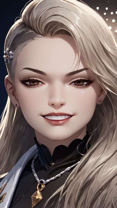 <lora:persona5_saeniijima_ponyXL:0.8> saeniijima, 1girl, grey-blonde hair, sidecut, undercut, long hair, medium breasts, makeup, lipstick, hair ornament, brown eyes, necklace, § necklace, <lora:RealisticAnime:0.8> (ultra realistic, 32k, masterpiece:1.2), (high detailed skin:1.1), (high quality:1.1), bokeh, luminescent background <lora:AnyasHehFaceMeme_XLPD:0.8> IncrsAnyasHehFaceMeme, grin, face focus,half-closed eyes,, score 9, score 8 up, score 7 up, score 6 up, score 5 up, score 4 up, BREAK,