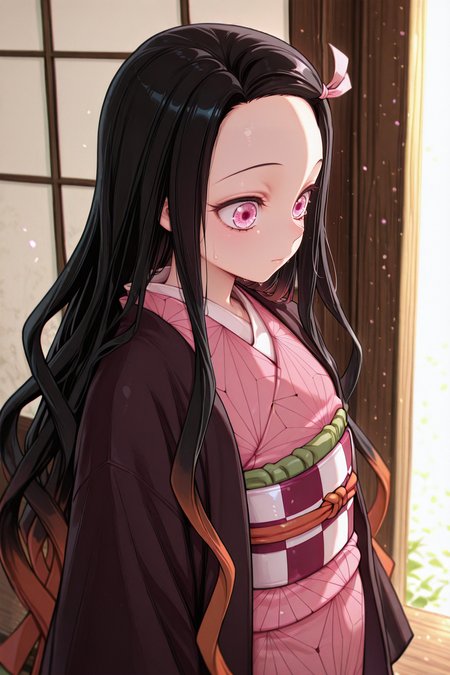 <lora:Nezuko_Illustrious:0.8>Kamado_Nezuko, pink eyes, black hair, long hair, gradient hair, flat chest, hair ribbon, pink kimono, chekered sash, wide sleeves, haori <lora:illustriousXL_stabilizer_v1.23:0.3> <lora:yakumo_alchemy_style:1> <lora:tesst_3333:0.35> <lora:NOOB_vp1_detailer_by_volnovik_v1:1>, masterpiece, best quality, amazing quality,