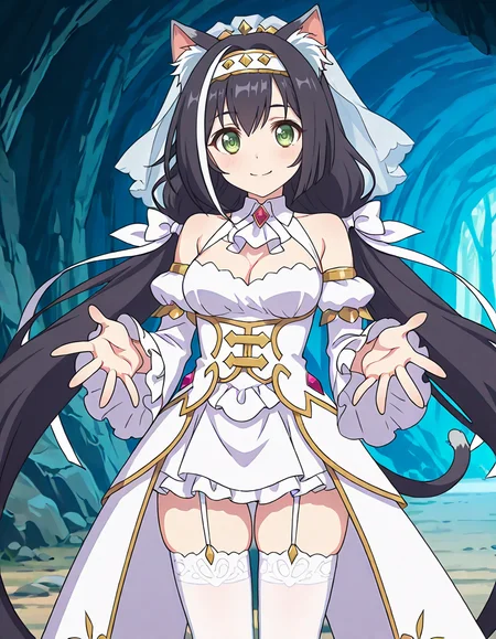 (karyl (princess),streaked hair,multicolored hair,black hair,white hair,very long hair,low twintails,white bow,bangs,hairband,green eyes,cat girl,animal ear fluff,cat ears,cat tail,white dress,veil,cleavage,bare shoulders,garter straps,white thighhighs,smile,1girl),cave,
looking at viewer,
medium breasts,
perky breasts,realistic proportions,natural looking breasts,explicit,hair between eyes,strong outlines,clean lineart,harsh lines,slim,curvy,(narrow waist:0.1), wide hips,thick thighs,detailed body,skindentation,matte skin,smooth skin,deep skin,soft brightness,detailed mouth,kawaii,moe face,
(anime screencap),(anime coloring:1.2),anime style, Japanese anime, cel-shading, clean lineart, vibrant colors, sharp facial features, 2D illustration, anime screencap style,anime background scenery,detailed linework,intricate details,(masterpiece,best quality,amazing quality),IllusP0s,(very aesthetic,absurdres:1.2),16k,highres,perfect hands,five fingers,detailed hands,
 <lora:ããªã³ã»ã¹ã³ãã¯ãReDiveã­ã£ã«illustriousPrincess_Connect_ReDivekarylillustrious:1:0.8>