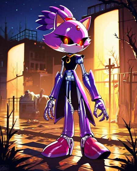 score_9, score_8_up, solo, Blaze the cat, glowing eyes, black sclera, robot, metal skin, shiny skin, no mouth, outdoors, robot joints, night, (dark lighting), (horror theme), apocalyptic, <lora:Robotization_Pony:0.7>, score_9, score_8_up,
