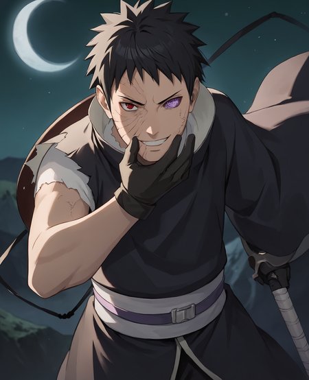 score_9,score_8_up,score_7_up,source_anime,rating_safe BREAK masterpiece,highres,best quality,high quality,dramatic angle,cinematic lighting,1boy,<lora:Obito_Pony_V2:1>,dim,night,moon,torn clothes,Uchiha Obito \(Ninkaitaisen\),ninkaitaisen,black robe,black gloves,looking at viewer,floating rocks,extremely detailed background,blurry background,mountains in distance,fan,fan \(weapon\),ribbon,portrait,close-up,holding,cowboy shot,white shirt,<lora:add-detail-xl:0.22>,<lora:flat_sdxl:-0.43>,sash,black pants,action pose,grasp,black hair,rinnegan,red eye,purple eye,sharingan,heterochromia,hand on own cheek,evil smile,teeth,short hair,scar,