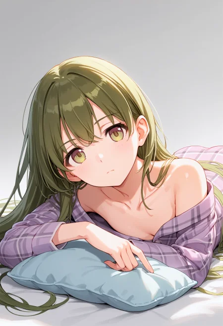 n_nanakusa, score_9, score_8_up, best quality,
1girl, pajama, collarbone, blurry, blurry foreground, closed mouth, expressionless, gradient background, green eyes, green hair, grey background, hand on own arm, long sleeves, looking at viewer, lying, on stomach, pillow, plaid clothes, long hair, very long hair, solo, the pose
<lora:n_nanakusaXL_pony:1>