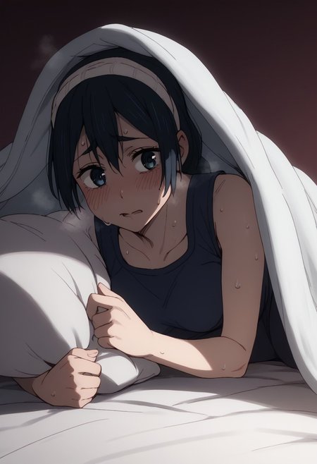 score_9, score_8_up, score_7_up, score_6_up, score_5_up, score_4_up, BREAK, 1girl, solo,
bed invitation, on bed, on side, pillow, under covers,
Medium breasts,, 1girl, solo, riko, 
 sweat, heat, dark room,