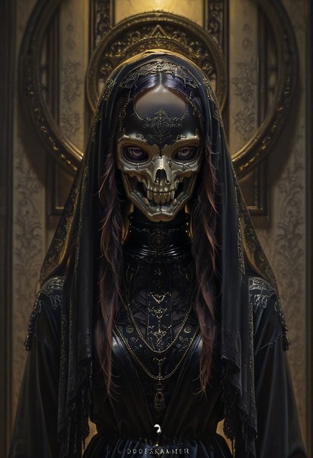 (absurdres, highres, masterpiece, absurdly_hires, best_quality, depth_of_field, cyberpunk, futuristic, science_fiction, biomechanical, mechabare, textured_hair, textured_clothing, skin texture, realistic, blender_\(artwork\), photo-referenced, photo_background)
(dre4mingde4th, solo, upper_body, looking_at_viewer, mask, skull_mask, veil, gold, long_hair, dark_hair, black_gloves, lace, gothic, jewelry, chains, ornate, detailed, dramatic_lighting, mysterious, black_dress, wall_background, shadow)