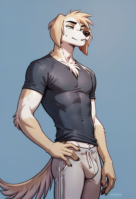 score_9, score_8_up, score_8, 1boy, Sebastian, anthro dog, smooth, highly detailed, perfect, tight T-shirt, grey sweatpants,