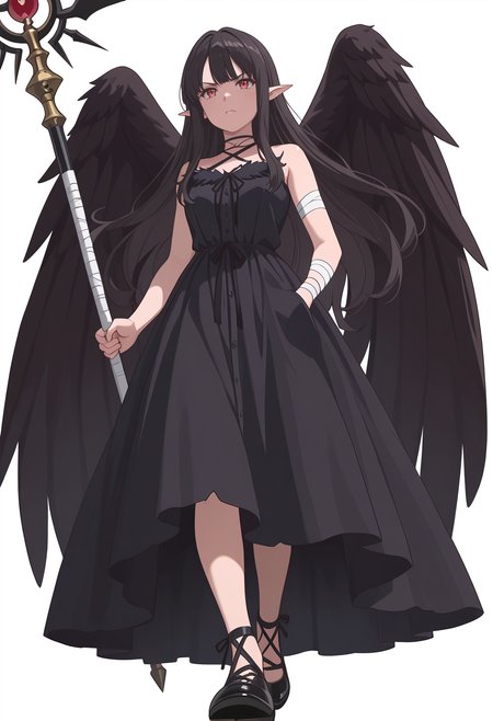 Smooth Quality,masterpiece,very intricate, high quality details, ultra realistic, high detailed skin,detailed enviorement,absurdres,
simple background, white background,
from below,angry,walking pose, one hand in pocket, head slightly turned, casual stride, confident aura,  ,
{sword| staff}
 <lora:Reese_evecnn:0.8>evecnn,1girl, long hair, black hair, red eyes, pointy ears, bangs, black dress, sleeveless dress, halterneck, criss-cross halter, choker, shoes, black footwear, black wings, feathered wings, bandages,