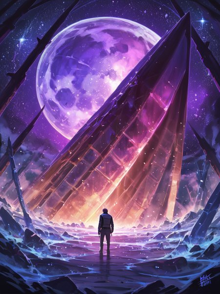 PDXL, <lora:KajpoV1:1>, k4jp0, volumetric reflections, volumetric shadows, HDR, shot on Canon DSLR,
a giant crystal in front of a galaxy, reflecting the light