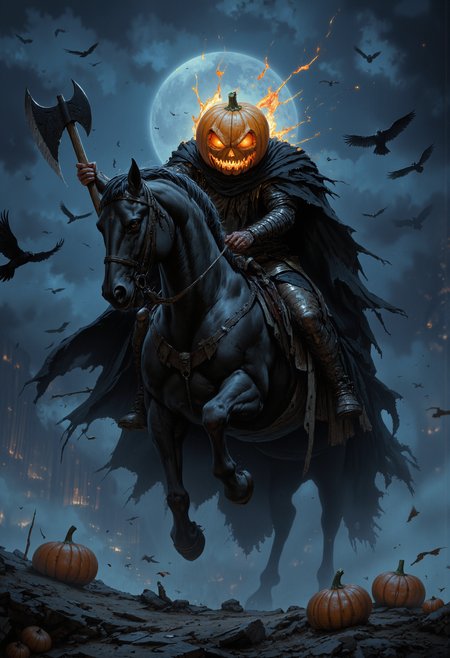 A headless horseman riding a dark, menacing horse. The rider has a pumpkin as a head, with a menacing grin carved into it, glowing orange eyes, and a fiery aura radiating from the carved sections. He holds a raised axe in his right hand, with a dark, jagged blade. The horse is muscular, black, and its eyes and mouth emit a glowing orange light, matching the rider's head. The horse is adorned with torn, eerie cloths and has two small glowing pumpkins attached to its side. The background is a misty night, with a blue glow from the moonlight and scattered dark clouds, creating an ominous, supernatural atmosphere. A group of crows fly in the sky, enhancing the eerie vibe.   <lora:FluxMythP0rtr4itStyle:0.8> MythP0rt, <lora:aidmaMJ6.1-FLUX-V0.2:0.6> aidmaMJ6.1, <lora:sxz-Dark-Fantasy-v2-Flux:0.66> drkfnts style, <lora:flux.1_lora_flyway_Epic-Characters_v1:0.43>