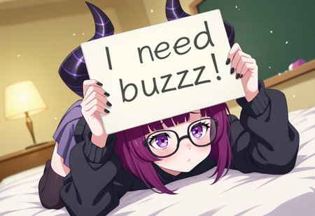 1girl, solo, lying on messy bed with arms slightly outstretched (waiting for embrace), holding small chalkboard sign that reads "I need Buzz" in messy handwriting, top-down camera angle, crumpled white sheets, purple bob cut hair with bangs, lilac eyes, black horn-rimmed glasses, flushed cheeks, oversized black sweater (sleeves covering palms), pleated skirt riding up slightly, knee-high socks, black nails with purple accents, vulnerable expression with pouting lips, warm yellow bedside lamp lighting, floating chalk dust particles, anime style, detailed fabric folds, soft shadows, depth of field (blurred background), official art style, masterpiece, best quality, 8k