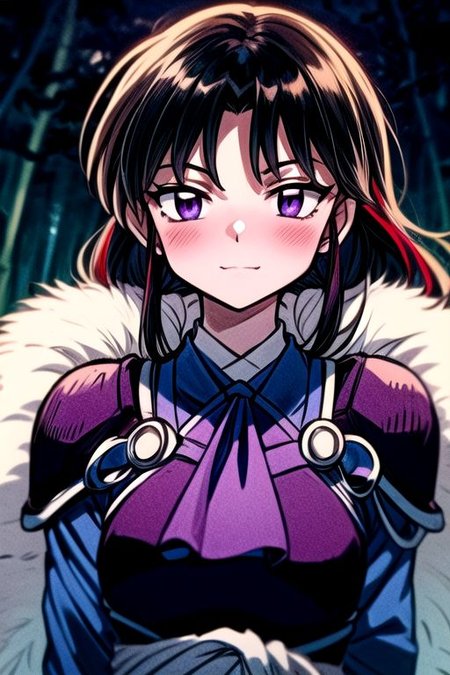 masterpiece,  best quality 1girl Setsun4 solo long hair,  (night time) forest background black hair very long hair purple eyes multicolored hair armor (fur trim) (medium body),<lora:EMS-179-EMS:0.800000>,<lora:EMS-293862-EMS:0.800000> bow, hair_bow, hair_tubes, red_bow, brown_hair, long_hair, bangs, ascot, frilled_bow, yellow_ascot, blush, smile, hair_between_eyes, athletic, armor, miko