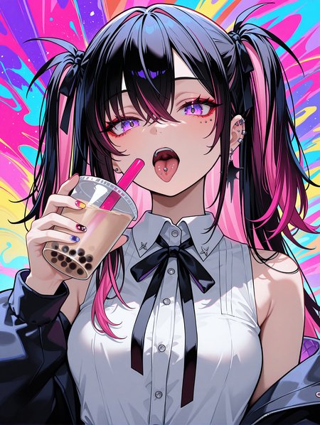 sg punk,1girl,solo,multicolored hair,black hair,pink hair,long hair,two side up,hair between eyes,purple eyes,expressionless,open mouth,tongue out,tongue piercing,medium breasts,collared shirt,white shirt,black ribbon,jewelry,sleeveless,bare shoulders,open jacket,upper body,holding,holding bubble tea,fingernails,multicolored nails,nail polish,colorful,multicolored background,masterpiece,best quality,newest,absurdres,highres,very awa, <lora:sg_punk_ilxl_v01:1>