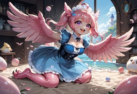 best resolution,score_9,score_8_up,score_7_up,score_6_up,score_8,score_7,score_6,best quality,masterpiece,source_anime,fantasy,beach background,1girl,solo,kawaii,cute,chibi,1girl, winged arms,pink harpy,medium breasts, blue dress, (indoors:1.3), castle,expressiveh,happy,smile,detailed eyes, inflating wings,glossy wings,