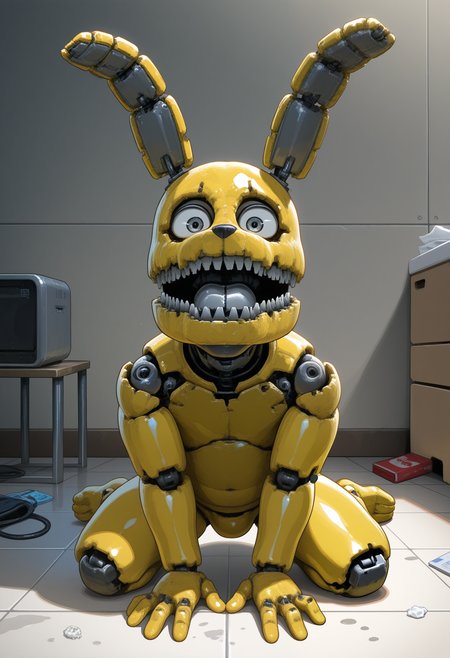 masterpiece,best quality, amazing quality, 1boy, solo, plushtr4p, robot bunny boy, grey eye, yellow skin, yellow chest, full body,