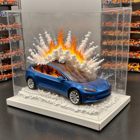 Hot Wheels toy car company have made a toy car version of a Tesla Model 3, The toy telsa model 3 car comes in a mini display unit/box. The car is exploding into fire and flames, white smoke fills the top of the display box, (realistic explosion from car), (realistic Flames bellow from the car windows inside the display unit),  (standing next to the car is a little palstic toy man, he holds both arms in the air, <lora:TESLA_TOY_CARS:0.9>