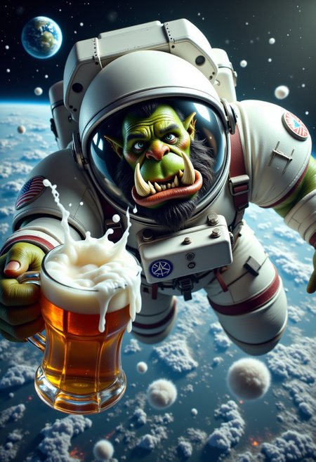 A photorealistic depiction of a muscular orc astronaut in a bulky white spacesuit is floating in zero gravity, orbiting Earth. His green skin and sharp tusks are visible through the helmet’s visor, and his expression is a mix of determination and frustration as he reaches desperately for a frothy mug of ale that’s just out of reach. The mug floats tantalizingly close, droplets of ale drifting away in slow motion.
Earth looms large in the background, its blue and green hues glowing against the vast darkness of space. The orc’s gloved hand stretches toward the mug, his other hand flailing slightly as he tries to maneuver in zero gravity. The scene is both epic and comical, capturing the orc’s struggle between his love for ale and the harsh realities of space travel.
Rendered in the highest detail.