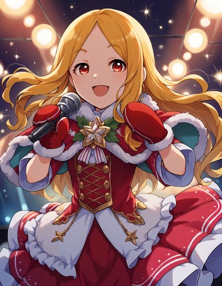 score_9,score_8_up,score_7_up,1girl,solo,cowboy shot,looking at viewer,smile,open mouth,singing,holding microphone,stage lights,
<lora:mochizukihijiri_ponyXLV6:0.8>,cgmh,
blonde hair,long hair,parted bangs,red eyes,
red dress,capelet,skirt,fur trim,red mittens